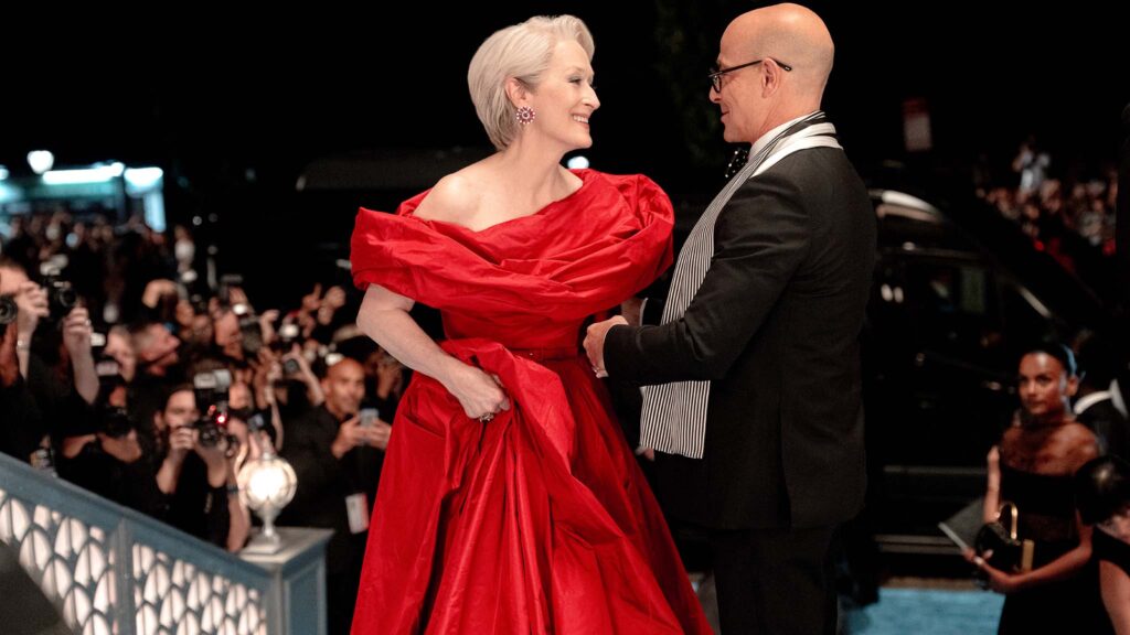 Meryl Streep as Miranda Priestly and Stanley Tucci as Nigel Kipling in The Devil Wears Prada 2, directed by David Frankel. Photo: Macall Polay. Copyright: 20th Century Studios. All Rights Reserved.