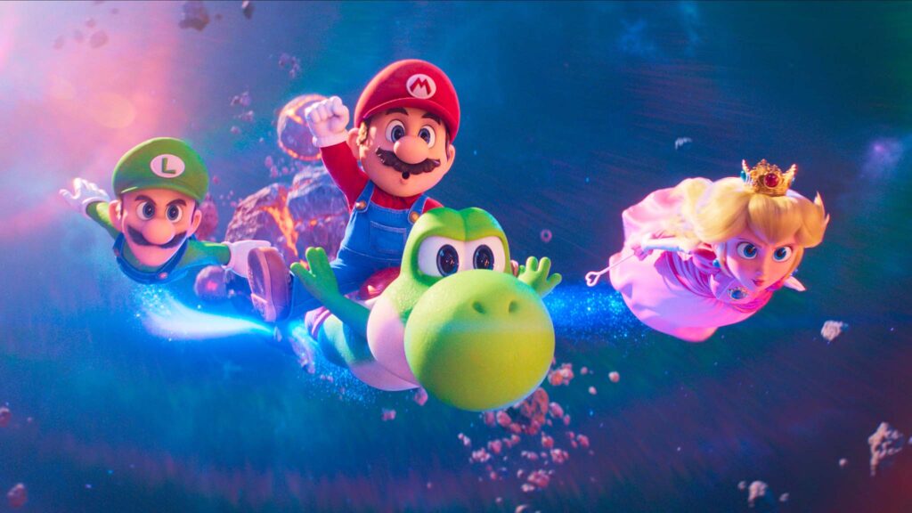 Luigi (voiced by Charlie Day), Mario (Chris Pratt), Yoshi (Donald Glover) and Princess Peach (Anya Taylor-Joy) in The Super Mario Galaxy Movie, directed by Aaron Horvath and Michael Jelenic. Copyright: Nintendo and Illumination. All Rights Reserved.