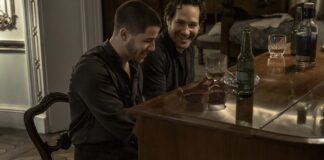 Nick Jonas as Danny and Paul Rudd as Rick in Power Ballad, directed by John Carney. Photo: David Cleary. Copyright: Lionsgate. All Rights Reserved.