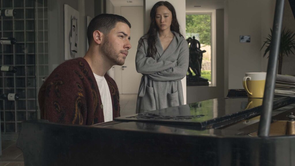 Nick Jonas as Danny and Havana Rose Liu as Marcia in Power Ballad, directed by John Carney. Photo: David Cleary. Copyright: Lionsgate. All Rights Reserved.