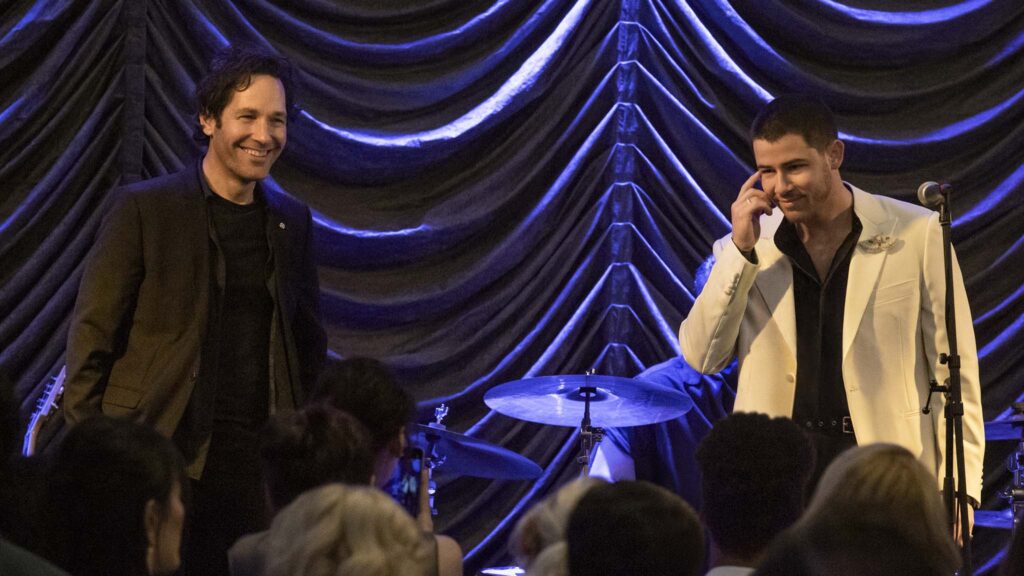 Paul Rudd as Rick and Nick Jonas as Danny in Power Ballad, directed by John Carney. Photo: David Cleary. Copyright: Lionsgate. All Rights Reserved.