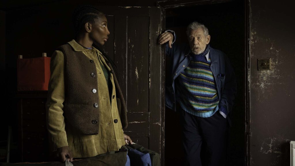 Michaela Coel as Lori Butler and Sir Ian McKellen as Julian Sklar in The Christophers, directed by Steven Soderbergh. Photo: Claudette Barius. Copyright: Neon. All Rights Reserved.