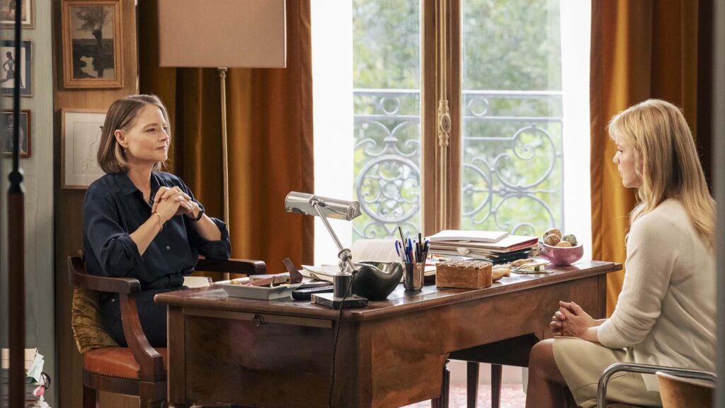 Jodie Foster as Lilian Steiner and Virginie Efira as Paula Cohen-Solal in A Private Life, directed by Rebecca Zlotowski. Photo: Jerome Prebois. Copyright: Altitude Film Distribution. All Rights Reserved.
