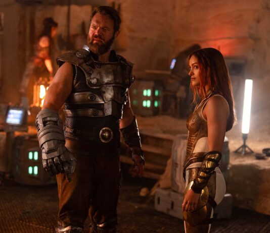 Johannes Haukur Johannesson as Fisto and Camila Mendes as Teela in Masters Of The Universe, directed by Travis Knight. Photo: Giles Keyte. Copyright: Amazon MGM Studios Content Services LLC. All Rights Reserved..