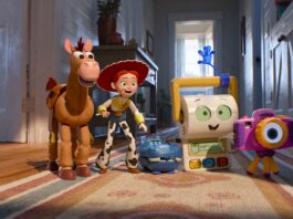 Bullseye, Jessie (voiced by Joan Cusack), Atlas (Craig Robinson), Smarty Pants (Conan O’Brien) and Snappy (Shelby Rabara) in Toy Story 5, directed by Andrew Stanton. Copyright: Disney/Pixar. All Rights Reserved.