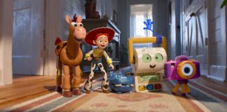 Bullseye, Jessie (voiced by Joan Cusack), Atlas (Craig Robinson), Smarty Pants (Conan O’Brien) and Snappy (Shelby Rabara) in Toy Story 5, directed by Andrew Stanton. Copyright: Disney/Pixar. All Rights Reserved.