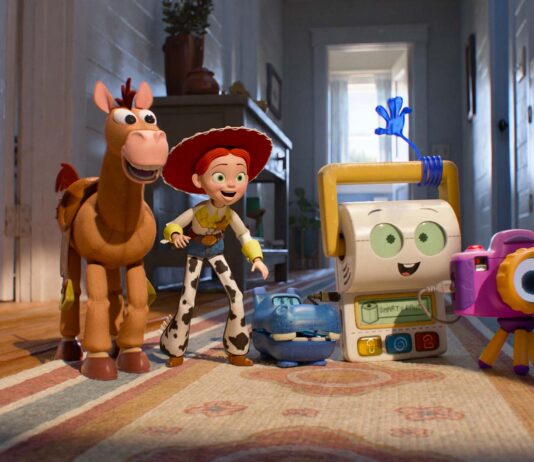 Bullseye, Jessie (voiced by Joan Cusack), Atlas (Craig Robinson), Smarty Pants (Conan O’Brien) and Snappy (Shelby Rabara) in Toy Story 5, directed by Andrew Stanton. Copyright: Disney/Pixar. All Rights Reserved.