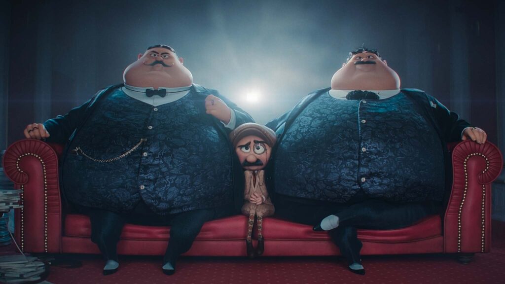 Max (Christoph Waltz) sandwiched between the hulking Bright Brothers, Frank and Elwood (Jeff Bridges) in Minions & Monsters, directed by Pierre Coffin. Copyright: Illumination/Universal Studios. All Rights Reserved.