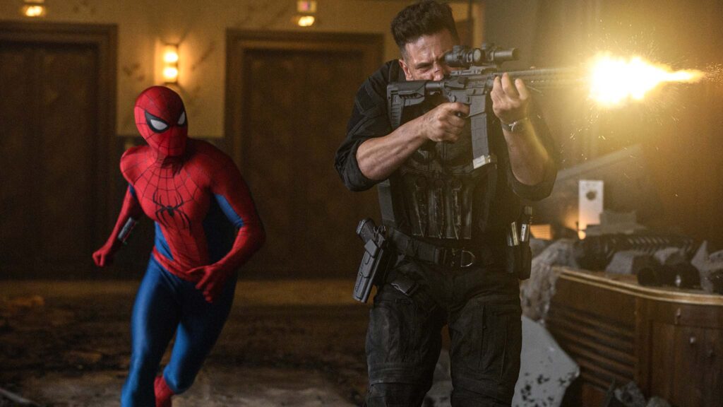 Spider-Man and Jon Bernthal as The Punisher in Spider-Man: Brand New Man, directed by Destin Daniel Cretton. Photo: Jay Maidment. Copyright: 2026 CTMG. All Rights Reserved. Marvel and all related character names: Copyright 2026 Marvel.