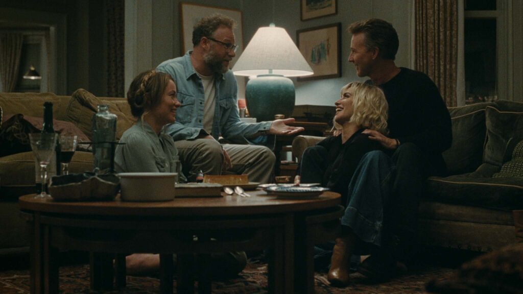 Olivia Wilde as Angela, Seth Rogen as Joe, Penelope Cruz as Pina and Edward Norton as Hawk in The Invite, directed by Olivia Wilde. Copyright: Black Bear. All Rights Reserved.