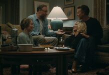 Olivia Wilde as Angela, Seth Rogen as Joe, Penelope Cruz as Pina and Edward Norton as Hawk in The Invite, directed by Olivia Wilde. Copyright: Black Bear. All Rights Reserved.