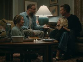 Olivia Wilde as Angela, Seth Rogen as Joe, Penelope Cruz as Pina and Edward Norton as Hawk in The Invite, directed by Olivia Wilde. Copyright: Black Bear. All Rights Reserved.