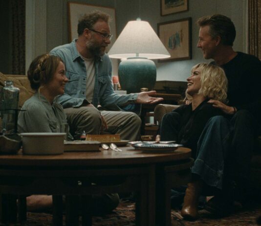 Olivia Wilde as Angela, Seth Rogen as Joe, Penelope Cruz as Pina and Edward Norton as Hawk in The Invite, directed by Olivia Wilde. Copyright: Black Bear. All Rights Reserved.