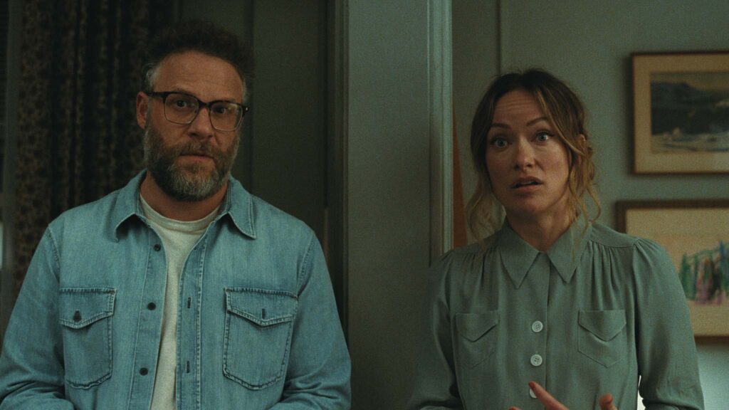 Seth Rogen as Joe and Olivia Wilde as Angela in The Invite, directed by Olivia Wilde. Copyright: Black Bear. All Rights Reserved.