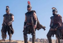 Film Review of the Week 13 July 2026 Jimmy Gonzales as Cepheus, Matt Damon as Odysseus and Himesh Patel as Eurylochus in The Odyssey, directed by Christopher Nolan. Photo: Melinda Sue Gordon. Copyright: Universal Studios. All Rights Reserved.