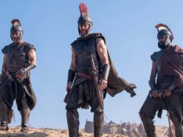 Jimmy Gonzales as Cepheus, Matt Damon as Odysseus and Himesh Patel as Eurylochus in The Odyssey, directed by Christopher Nolan. Photo: Melinda Sue Gordon. Copyright: Universal Studios. All Rights Reserved.
