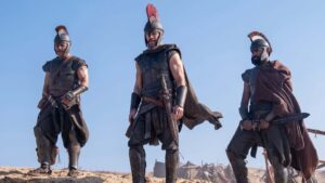 Jimmy Gonzales as Cepheus, Matt Damon as Odysseus and Himesh Patel as Eurylochus in The Odyssey, directed by Christopher Nolan. Photo: Melinda Sue Gordon. Copyright: Universal Studios. All Rights Reserved.