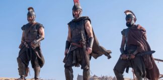Jimmy Gonzales as Cepheus, Matt Damon as Odysseus and Himesh Patel as Eurylochus in The Odyssey, directed by Christopher Nolan. Photo: Melinda Sue Gordon. Copyright: Universal Studios. All Rights Reserved.