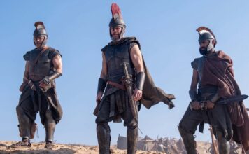 Film Review of the Week 13 July 2026 Jimmy Gonzales as Cepheus, Matt Damon as Odysseus and Himesh Patel as Eurylochus in The Odyssey, directed by Christopher Nolan. Photo: Melinda Sue Gordon. Copyright: Universal Studios. All Rights Reserved.