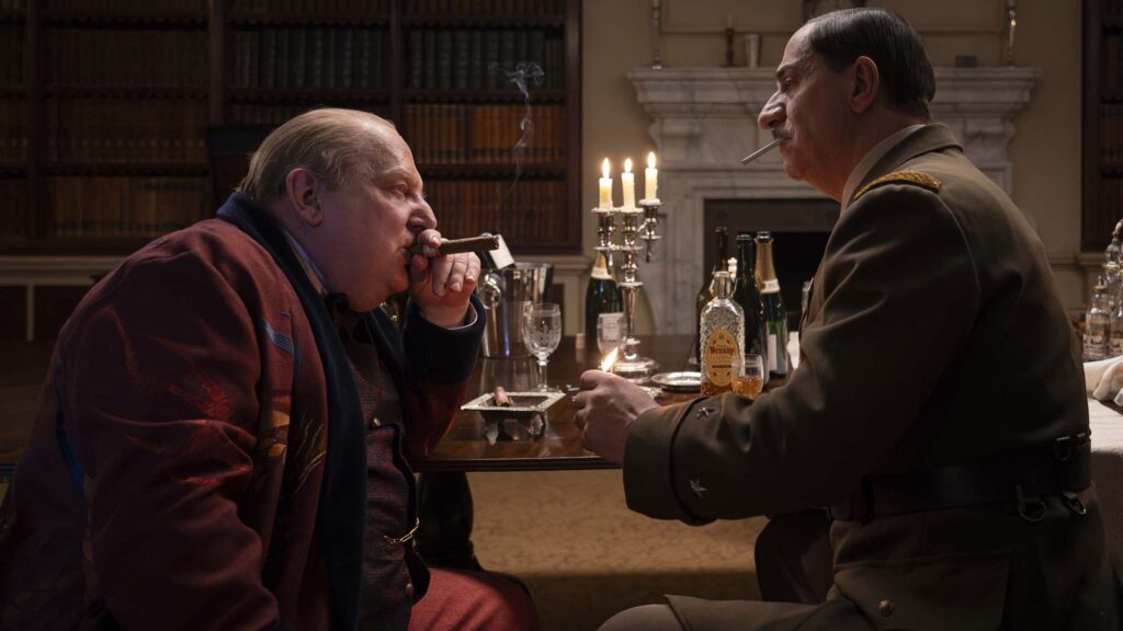 Simon Russell Beale as Winston Churchill and Simon Abkarian as Charles de Gaulle in De Gaulle Resistance, directed by Antonin Baudry. Photo: Malgosia Abramowska. Copyright: Entertainment Film Distributors. All Rights Reserved.