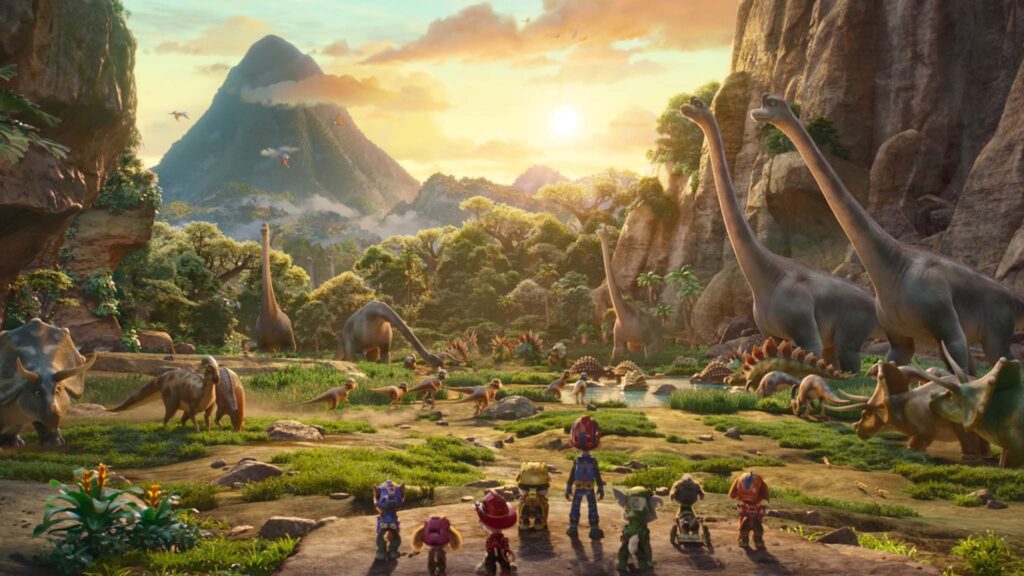 Chase (voiced by Rain Janjua), Skye (Mckenna Grace), Marshall (Carter Young), Rubble (Lucien Duncan-Reid), Ryder (voiced by Henry Bolan), Rocky (William Desrosiers), Rex (Hayden Chamberlen) and Zuma (Nylan Parthipan) in PAW Patrol: The Dino Movie, directed by Cal Brunker. Copyright: Paramount Pictures. All Rights Reserved.