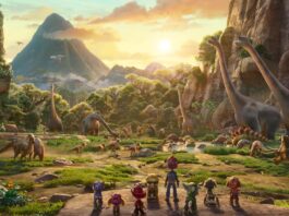 Chase (voiced by Rain Janjua), Skye (Mckenna Grace), Marshall (Carter Young), Rubble (Lucien Duncan-Reid), Ryder (voiced by Henry Bolan), Rocky (William Desrosiers), Rex (Hayden Chamberlen) and Zuma (Nylan Parthipan) in PAW Patrol: The Dino Movie, directed by Cal Brunker. Copyright: Paramount Pictures. All Rights Reserved.