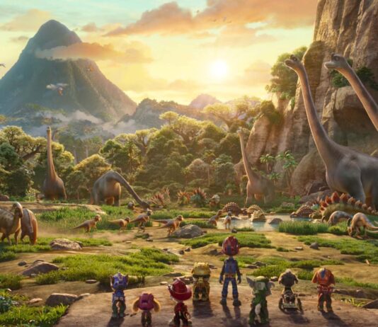 Chase (voiced by Rain Janjua), Skye (Mckenna Grace), Marshall (Carter Young), Rubble (Lucien Duncan-Reid), Ryder (voiced by Henry Bolan), Rocky (William Desrosiers), Rex (Hayden Chamberlen) and Zuma (Nylan Parthipan) in PAW Patrol: The Dino Movie, directed by Cal Brunker. Copyright: Paramount Pictures. All Rights Reserved.