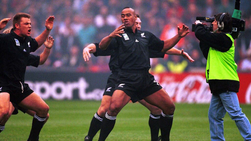 Jonah Lomu performs the haka during the international rugby union match between the All Blacks and England at the 1999 Rugby World Cup. Copyright: Photosport. All Rights Reserved.