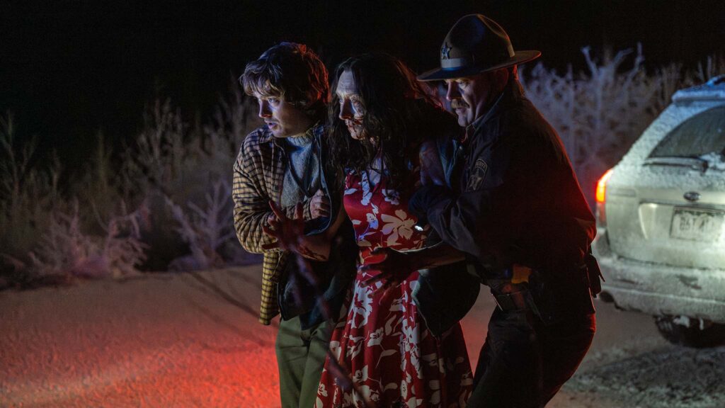 Austin Abrams as Bryan, Andrea Miltnerova and Johnno Wilson as Max in Resident Evil, directed by Zach Cregger. Photo: Dušan Martinček. Copyright: CTMG, Inc.. All Rights Reserved.