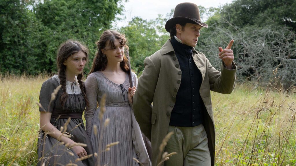 Bodhi Rae Breathnach as Margaret Dashwood, Daisy Edgar-Jones as Elinor Dashwood and George MacKay as Edward Ferrars in Sense And Sensibility, directed by Georgia Oakley. Photo: Alex Bailey. Copyright; Focus Features LLC. All Rights Reserved.