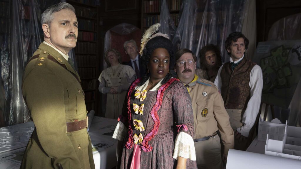 Ben Willbond as The Captain, Martha Howe-Douglas as Lady Fanny Button, Simon Farnaby as Julian Fawcett, Lolly Adefope as Kitty Higham, Jim Howick as Pat Butcher, Laurence Rickard as caveman Robin and Mathew Baynton as Thomas Thorne in Ghosts: The Possession Of Button House, directed by Simon Hynd. Copyright: Mandozzi Photography/Guido Mandozzi. All Rights Reserved.