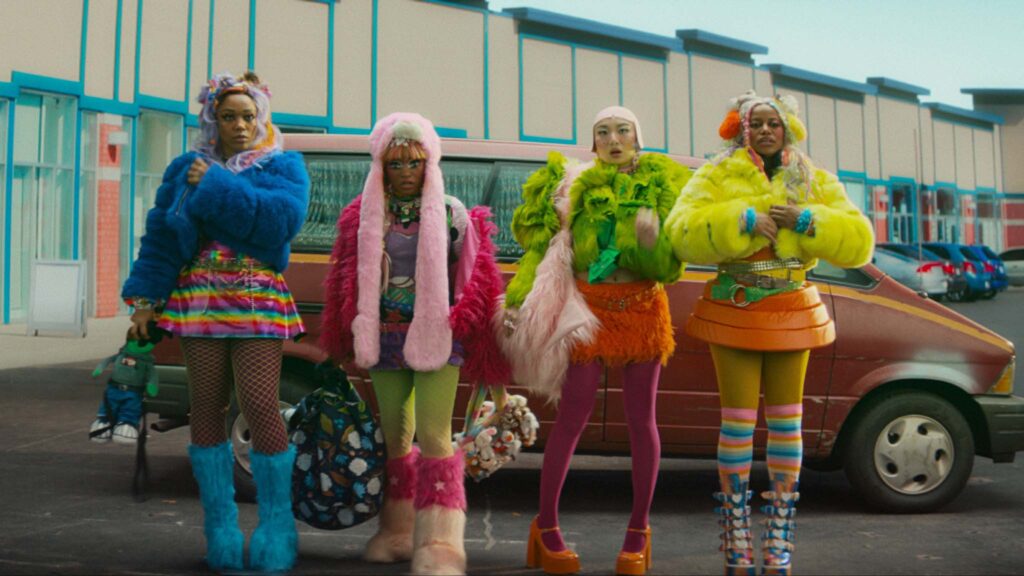 Naomi Ackie as Sade, Keke Palmer as Corvette, Poppy Liu as Jianhu and Taylour Paige as Mariah in I Love Boosters, directed by Boots Riley. Copyright: Neon. All Rights Reserved.