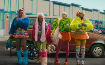 Naomi Ackie as Sade, Keke Palmer as Corvette, Poppy Liu as Jianhu and Taylour Paige as Mariah in I Love Boosters, directed by Boots Riley. Copyright: Neon. All Rights Reserved.