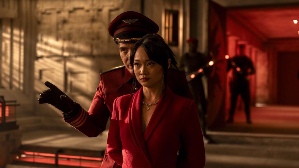 David Dastmalchian as Bison and Callina Liang as Chun-Li in Sytreet Fighter, directed by Kitao Sakurai. Photo: Mark Rogers. Copyright: Paramount Pictures, Capcom and Legendary. All Rights Reserved.