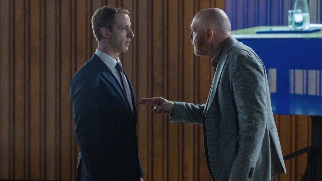 Jeremy Atrong as Mark Zuckerberg and Bill Burr as Charlie Garrity in The Social Reckoning, directed by Aaron Sorkin. Photo: Leah Gallo. Copyright: CTMG, Inc. All Rights Reserved.