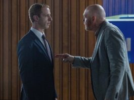 Jeremy Atrong as Mark Zuckerberg and Bill Burr as Charlie Garrity in The Social Reckoning, directed by Aaron Sorkin. Photo: Leah Gallo. Copyright: CTMG, Inc. All Rights Reserved.