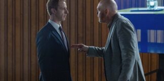 Jeremy Atrong as Mark Zuckerberg and Bill Burr as Charlie Garrity in The Social Reckoning, directed by Aaron Sorkin. Photo: Leah Gallo. Copyright: CTMG, Inc. All Rights Reserved.
