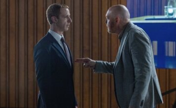 Top 3 Films of the Week 5 October 2026 Jeremy Atrong as Mark Zuckerberg and Bill Burr as Charlie Garrity in The Social Reckoning, directed by Aaron Sorkin. Photo: Leah Gallo. Copyright: CTMG, Inc. All Rights Reserved.