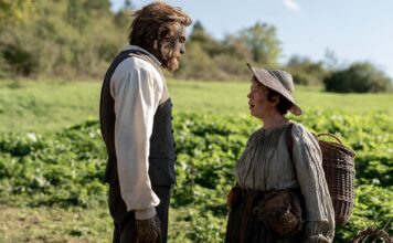Alexander Skarsgård as the Wicker Husband and Olivia Colman as the Fisherwoman in Wicker, directed by Alex Huston Fischer and Eleanor Wilson. Photo: Kristof Galgoczi Nemeth. Copyright: Black Bear. All Rights Reserved.